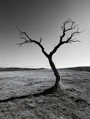 Aufkleber - Lonely silhouette of a barren tree standing against a minimalist landscape : Generative AI
