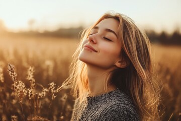 Poster - Woman enjoying sunset in a golden field while feeling the gentle breeze with a content smile on her face. Generative AI