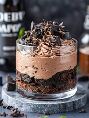Poster - Delicious chocolate dessert layered with creamy frosting and chocolate shavings in a glass cup : Generative AI