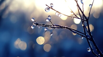 Fototapete - Close up of delicate water droplets on bare branches during early morning light creating a beautiful bokeh effect : Generative AI