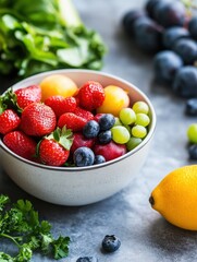 Wall Mural - Fresh fruit bowl featuring strawberries, blueberries, grapes, and melons arranged for a healthy meal or snack option. Generative AI