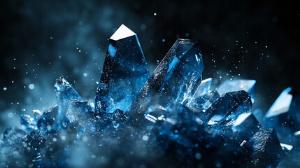Poster - Close-up of sharp blue crystals surrounded by mist and particles, showcasing their intricate details and dynamic glowing light, representing beauty, clarity, and nature.