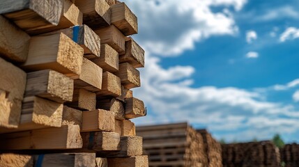 Poster - Stacked wooden planks under a bright blue sky with fluffy white clouds on a sunny day : Generative AI