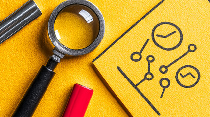 Poster - Analyzing data trends with magnifying glass on yellow background business insights office environment close-up view conceptual visualization