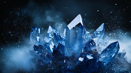 Poster - Close-up of shimmering blue crystals with sharp edges and vibrant details, surrounded by dust and mist, symbolizing purity, clarity, and energy in a dynamic abstract design.