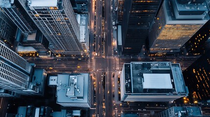 Aufkleber - Dynamic urban skyline featuring illuminated skyscrapers and bustling traffic under a night sky from above : Generative AI
