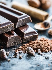 Aufkleber - Gourmet dark chocolate pieces with cocoa powder and nuts arranged on a slate surface : Generative AI