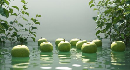 Fototapete - Green apples floating on water surface surrounded by lush foliage and reflections