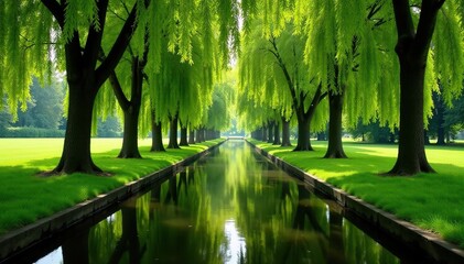 canal pathway beneath a canopy of willow trees, canal path, trees