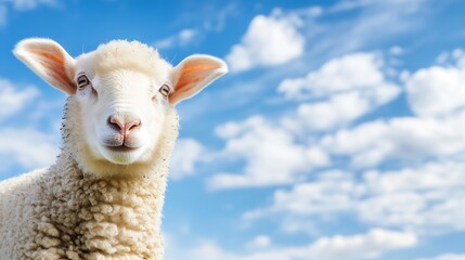 Poster - Vibrant image of sheep standing against a backdrop of cloudy blue sky emphasizing its woolly texture : Generative AI
