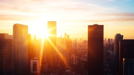 Aufkleber - Stunning sunset over a city skyline with tall buildings creating a dramatic silhouette : Generative AI