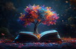 © imam - World philosophy day concept with tree of knowledge planting on opening old big book in library.
