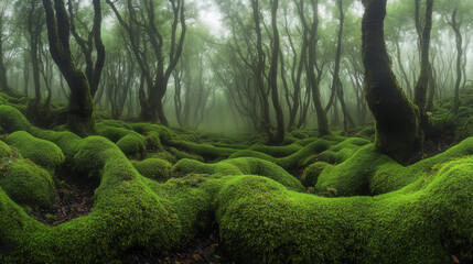 Poster - Soft, vibrant moss carpets the earth, creating a tranquil landscape where ancient trees rise in fog. The atmosphere is serene, inviting exploration and reflection amidst nature's beauty