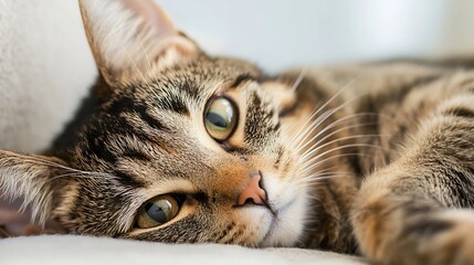 Poster - Charming tabby cat resting comfortably with bright green eyes on a soft surface : Generative AI