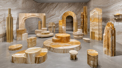 Aufkleber - Artistic display of marble sculptures contemporary gallery photography elegant setting wide angle visual harmony