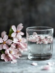 Aufkleber - Delicate pink cherry blossoms floating in a glass of clear water creating a serene and soft artistic image : Generative AI