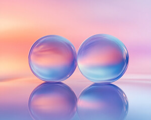 Poster - Close-up of two transparent spheres with a pastel bokeh background, reflecting soft colors of pink and blue, symbolizing clarity, beauty, and minimalism in a calming setting