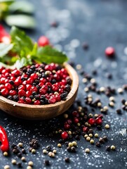 Poster - Colorful Assortment of Peppercorns in a Wooden Bowl Surrounded by Fresh Herbs for Culinary Uses : Generative AI