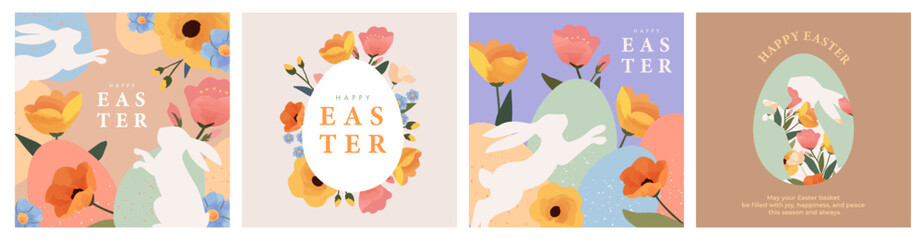 Wall Mural - happy easter set of greeting cards, posters, holiday covers. trendy design with typography, spring h