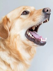 Poster - Closeup portrait of a golden retriever dog with mouth open displaying strong teeth and vibrant fur : Generative AI
