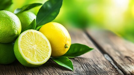 Aufkleber - Vibrant Fresh Lemons and Limes on a Rustic Wooden Surface with Natural Green Background : Generative AI