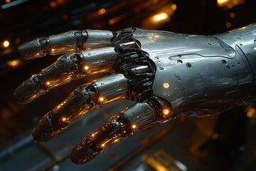 Poster - Futuristic robotic hand with illuminated components showcases advanced technology and design in a dimly lit environment