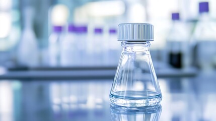 Aufkleber - Clear glass laboratory flask filled with liquid on shiny table background : Generative AI