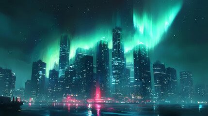 a city skyline illuminated by a vibrant aurora borealis. ethereal city skyline. illustration