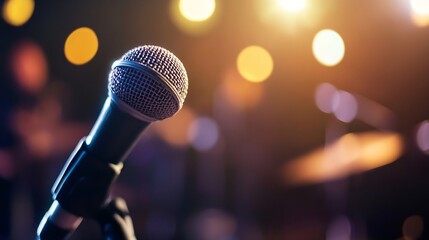 Poster - Closeup of a microphone with lights blurred in the background creating a concert atmosphere : Generative AI