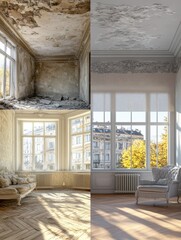 Aufkleber - Dramatic transformation of a run down apartment into a bright and modern living space showcasing exquisite interior design. Generative AI