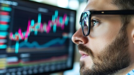 Aufkleber - Focused man analyzing stock market trends on a computer screen with data graphs : Generative AI
