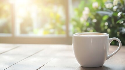 Poster - Serene morning coffee in a white cup with sunlight streaming through the window in a cozy home : Generative AI