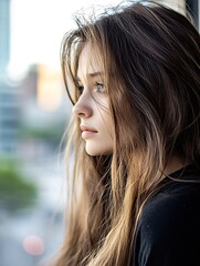 Poster - CloseUp Profile of a Thoughtful Young Woman with Long Hair Gazing Out the Window : Generative AI