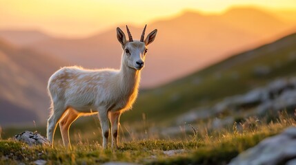 Poster - White goat standing majestically on a hillside during sunset surrounded by mountains : Generative AI