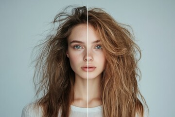 Poster - Transformation of hairstyle showcasing unkempt and stylish looks of a woman indoors. Generative AI