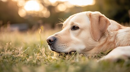 Poster - Golden retriever lounging on green grass during sunset showcasing calm and serene pet moments : Generative AI