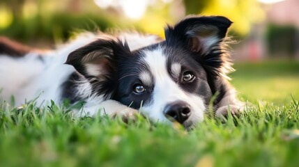 Poster - Sweet and playful dog laying on green grass in bright natural environment : Generative AI