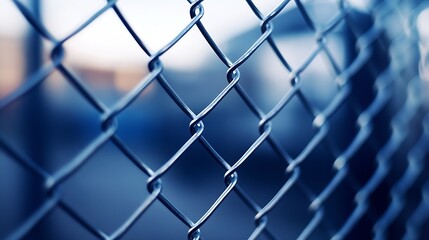 Poster - Close up view of a metallic chain link fence with a blurred background showcasing urban scenery : Generative AI