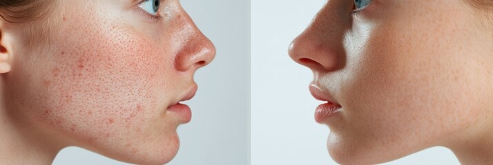 Poster - Side by side comparison showcasing acne prone skin and smooth, radiant skin in dermatology context. Generative AI