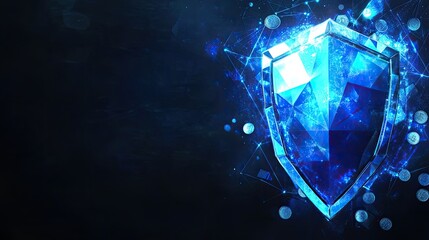 Poster - A shiny metal shield rests atop a pile of coins, encircled by glowing lines set against a dark blue backdrop