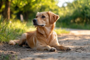 Leinwandbilder - Golden retriever resting on a dirt path surrounded by greenery during a sunny afternoon. Generative AI