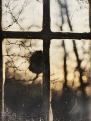 Leinwandbilder - Silhouette of branches against a sunset sky seen through a dusty old window : Generative AI