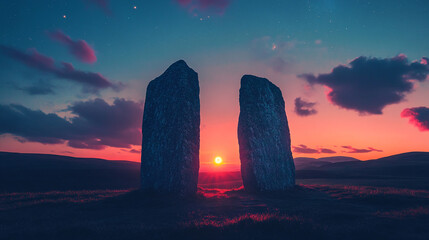 Poster - Sunset over two stone monoliths on a grassy field with vibrant colors in the sky, symbolizing mystery, history, and the power of nature.