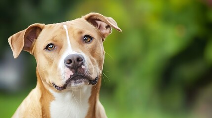 Poster - Closeup portrait of a friendly brown dog with soulful eyes against a blurred green background : Generative AI