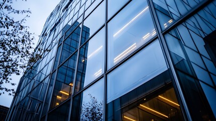 Poster - Modern glass building reflecting the twilight sky with warm lights illuminating its sleek architecture : Generative AI