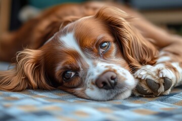 Aufkleber - Dog resting peacefully on a cozy blanket indoors during a quiet afternoon at home. Generative AI