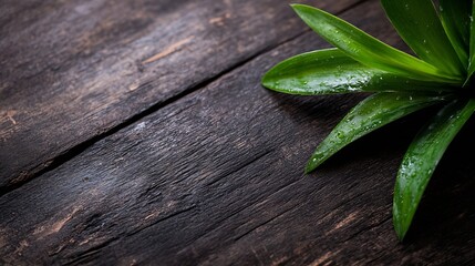 Poster - Close up of vibrant green leaves with water droplets on weathered wooden table background : Generative AI