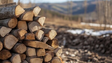 Aufkleber - Stacked logs neatly arranged in a wooded area showcasing natural timber and a serene outdoor landscape : Generative AI