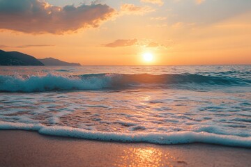 Fototapete - Sunset over the ocean with waves gently crashing along the sandy beach during a tranquil evening. Generative AI