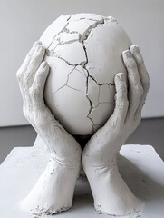 Poster - Artistic clay sculpture of hands holding a cracked egg symbolizing fragility and creativity : Generative AI